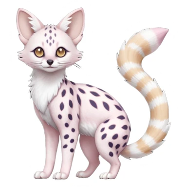 White Albino pastel whitish grey-spotted Serval-Civet-Genet-Trico-Furret-Linoone-Noibat-Espeon-Fakémon-Pokémon-animal-hybrid-fusion-creature (full body) with vibrant glowing eyes, cute, elegant, soft, realistic, pastel fur sticker