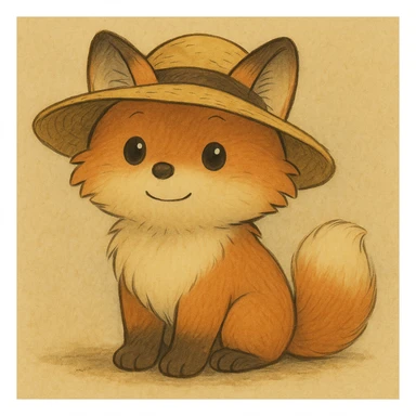 A cute, fluffy fox with a round head in the style of Studio Ghibli, wearing a hat. sticker