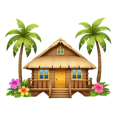 Hawaiian beach house, small tropical house, wooden walls, thatched roof, colorful flowers, palm trees, cute mobile game icon, 3D cartoon, bright colors, soft shadows, clean background, no text, no watermark sticker