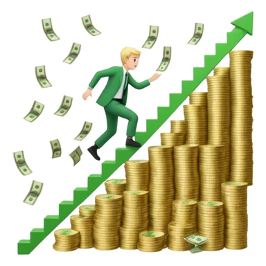 Emoji-style 3D illustration of a person climbing stairs made of money labeled “$10K” and “$20K”, with confetti and upward green arrows, bright optimistic lighting sticker
