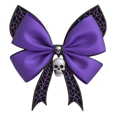 gothic bow with deep purple satin, silver skull charm, black gemstone center, and lace spiderweb overlay, luxurious and gothic sticker