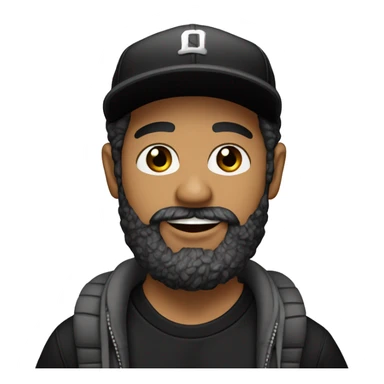 latino guy with salt and pepper beard, black baseball cap, black t-shirt, riding a skateboard sticker