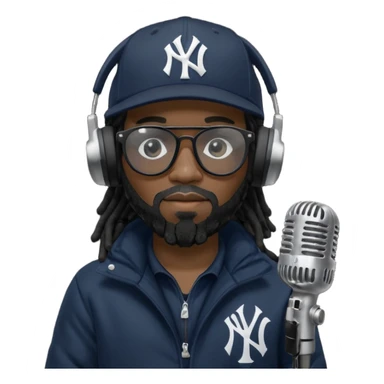 African American man with shoulder length black dreadlocks with black beard wearing black sunglasses wearing a New York Yankees logo baseball cap wearing a all dark black bubble winter coat wearing headphones rapping into recording studio microphone with a mic cover sticker