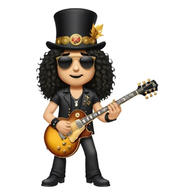 Create a rockstar emoji representing Slash from Guns'n Roses with his iconic Gibson Les Paul guitar. The design should feature Slash with his signature top hat, long curly hair, and sunglasses, holding the iconic Gibson Les Paul guitar. The guitar should be prominently displayed with its classic sunburst finish and gold hardware. Add subtle stage elements like a microphone stand and electric guitar cables to reflect the live performance energy. Use rich, dark colors like black, gold, and sunburst wood tones to convey the classic rock vibe. The background should be transparent.  sticker