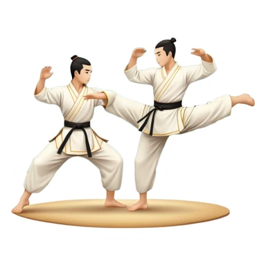 Two martial artists in traditional Wushu attire, performing elegant, fluid moves. The background shows a peaceful, scenic landscape with mountains and bamboo trees, symbolizing the balance of power and grace in Wushu.  sticker