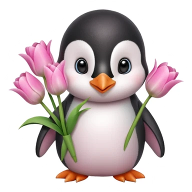 Cute baby penguin holding flower bouquet wraped in white paper and all flowers tulips in pink colour sticker