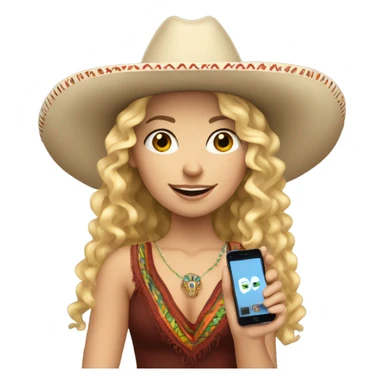 white curly haired blonde girl in a mexican hat holding her phone sticker