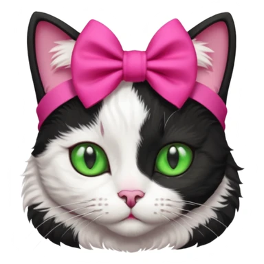 A black and white cat with green eyes she has a hot pink bow on her head  sticker