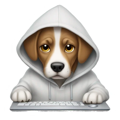 a dog in a hoodie working on  a computer sticker