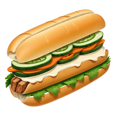 traditional banh mi with char grilled pork emoji 


    Very crusty baguette

    Mayo 

    Pickled carrot 

    Cucumber, coriander/cilantro, green onion, chilli 
 sticker