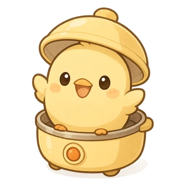 chibi egg cooker chick appliance-animal hybrid, popping out of the lid, smiling brightly, soft yellow tones, full-body, transparent background, 电器拟动物风格 sticker