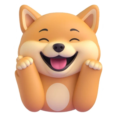 a shiba inu with a big smile, eyes closed, laughing, cartoon style sticker