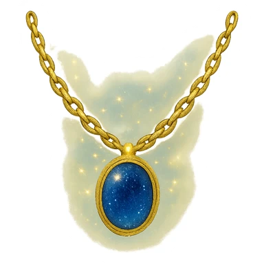 gold chain floating in midair with a deep blue starry stone, glowing faintly, shimmering like liquid gold, mystical aura sticker