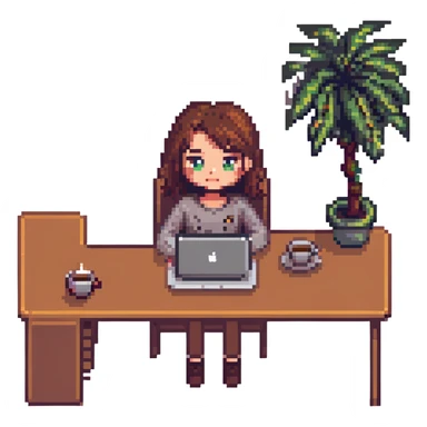 girl at desk with MacBook, coffee cup nearby, cozy atmosphere, pixel art style sticker