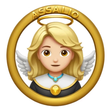"Um emoji de anjo com cabelos loiros, um halo, asas, segurando um sinal de 'compartilhar' em letras em negrito." sticker