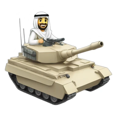 prince from Saudi Arabia with a beard in a white  shemagh national headdress riding  on a tank, smiling sticker