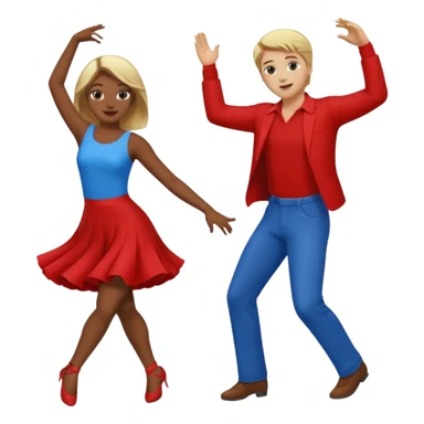 Two people dancing, one wearing red with blond hair and one wearing blue with brown hair and dark skin sticker
