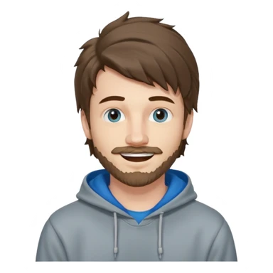 25 year old man, short scruffy beard and thin moustache, brown puffy mullet, blue eyes, big smile, white teeth, big lips, pronounced jaw, hair longer in back, sticking up on top, thin face, grey hooded sweatshirt, pale skin, big smile, blue eyes, puffy hair sticker