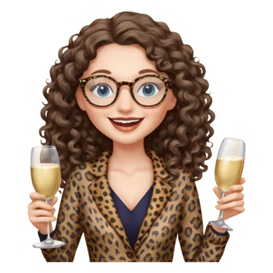 a blue eyed woman with very long brunette curly hair, full lips,and really pale skin. She is wearing a leopard printed thin round-ish glasses . She is wearing fully brown clothes. She is celebration sth with a bottle of champagne and laughing sticker