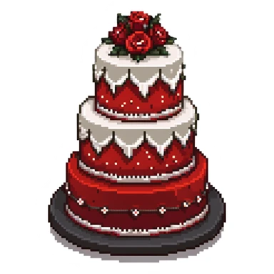 Red wedding cake with white frosting details and small roses sticker