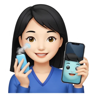 a korean cosmetics marketing expert women with black hair, holding face-mist and phone with smile on sticker