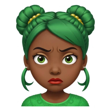 Create a 3D cartoon-style girl character with dark skin, round face, angry expression, big wide eyes, and tightly styled double buns made of green beaded hair. The girl should look irritated, eyebrows sharply angled, and lips pressed in a frown. sticker