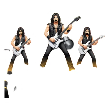 Icon for Heavy Metal: a metal band on stage, with electric guitars, drums, and a powerful vocalist. The atmosphere is intense with flashing lights, music notes, and a crowd of fans. The design should capture the energy and power of a live heavy metal performance. Transparent background. sticker