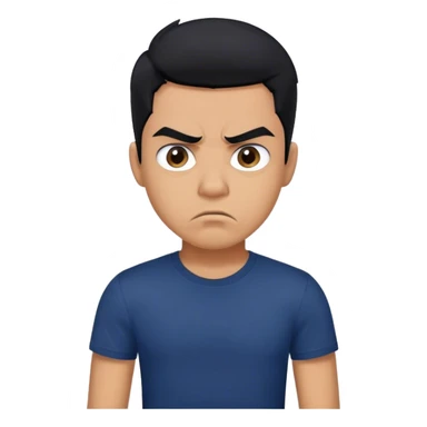 Young Latino man, black hair, wearing navy blue t-shirt, a little angry sticker