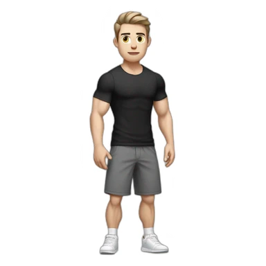 Confused Pale skinned Fit Man With the biceps and dark brown hair in black shirt, gray sports shorts and white Sneakers sticker