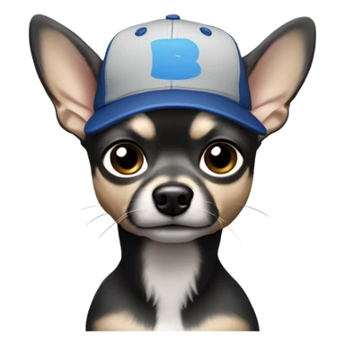 Handsome man with blue eyes, wearing ball cap, with grey hair and goatee beard, holding all black long haired chihuahua sticker