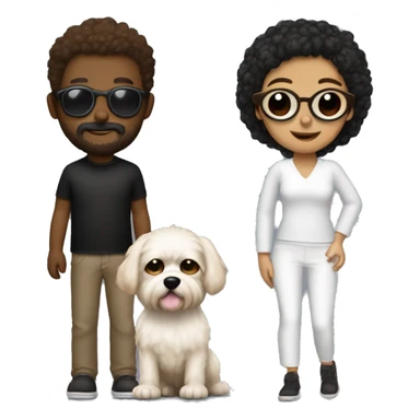 3 personas, 1 hombre blanco rapado con barba marron no muy grande, chica pelo oscuro con gafas piel blanca y un perro raza yorkshie muy peludo negro cabeza y patas marron sticker