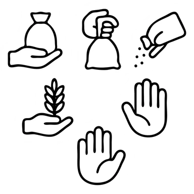 Hand Gestures Icons. Gestures icons in outline style: hand lifting sack, hand tying sack, hand pouring grains, hand holding wheat bundle, hand sticker