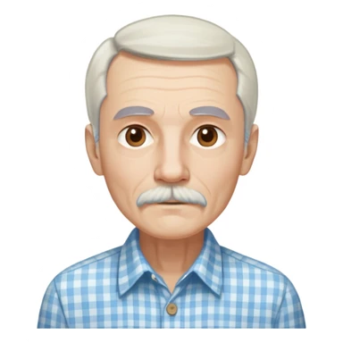 Skinny man in his 70s with fair skin. Long narrow face. Gentle light brown eyes. Fine straight white hair with light bangs touching eyebrows. Thin eyebrows. White goatee connected to mustache. Slender appearance. Wearing a light blue and beige checkered button-up shirt. sticker