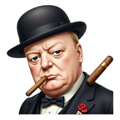 Cinematic Realistic Winston Churchill Portrait Emoji, depicted as a resolute British statesman with a signature bowler hat and a cigar, exuding determined leadership and wartime valor, rendered with lifelike textures and dramatic vintage lighting that captures his iconic British spirit. sticker