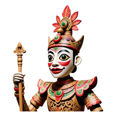 Golek Ayun-ayun – Cinematic Realistic Wayang Golek Ayun-ayun, depicted as an intricately carved traditional wooden puppet with vibrant painted details and expressive features, set on a dimly lit stage with dramatic shadows that evoke centuries of Indonesian theatrical heritage, rendered with lifelike textures and subtle ambient glow. sticker