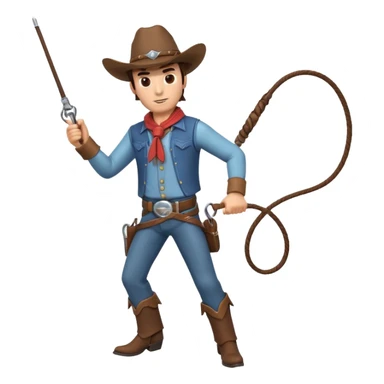 cowboy man holding a whip, dynamic pose, western outfit, adventure vibe, 3D cartoon, mobile game icon style, clean background, no text, no watermark
 sticker