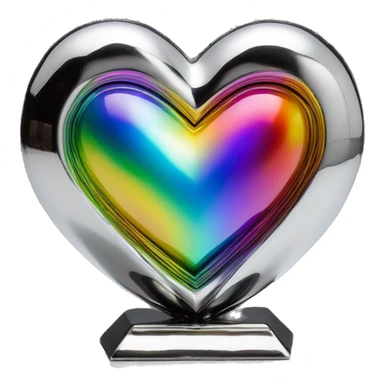 symmetric heart chrome sculpture symbolizing chromatic light with a geometric, faceted design. The heart is standing upright with angular and baroque features. The vibrant rainbow of colors highlights the sharp edges and planes.  sticker
