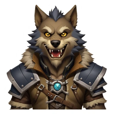 Cinematic Realistic WoW Worgen Portrait, head tilted dramatically with an exaggeratedly amused expression, blending ferocious beastliness with a touch of unexpected humor. His rugged fur, tanned skin, and worn leather garments are rendered with meticulous detail and dynamic lighting, high shine, dramatic yet whimsical, capturing the essence of a worgen whose epic might is tempered by a playful, irreverent charm. sticker