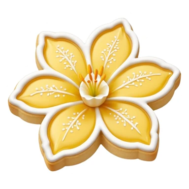 Realistic shortbread cookie in the shape of a lily flower with pastel yellow color jelly middle filling and sprinkled powder sugar on top. sticker