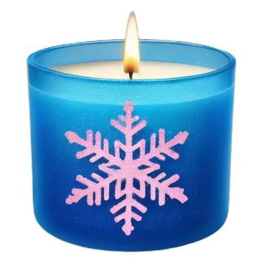 Realistic blue glass 3 wick candle with wicks lit and a light pink glitter snowflake as the label on outside of candle sticker