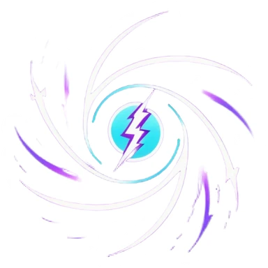 futuristic minimalistic logo icon, abstract glowing storm swirl made of neon purple (#8B5CF6) and cyan (#00E0FF) lines, representing Storm team energy and speed, digital lightning core, dark background, no face, tech-style emblem, 1:1 aspect ratio sticker