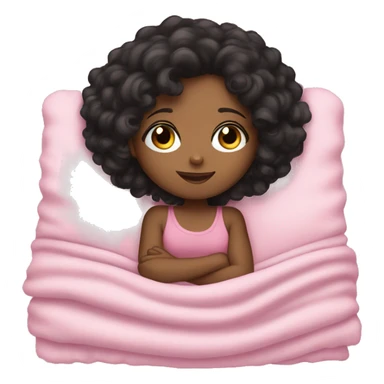 brown girl, black curly hair, sleeping with a pink blanket, sticker