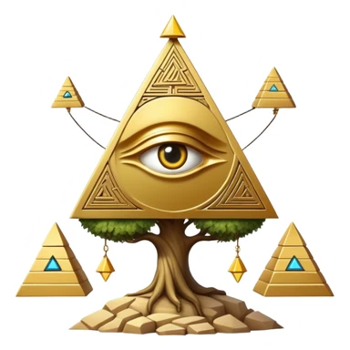 Annunaki tree from Garden of eden, that is actually a ancient tech antenna with illuminati all seeing eye in traingle symbol at the top and with little pyramids hanging like apples sticker