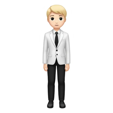 teenage boy in black trousers and white suit shirt with a black and white tie sticker
