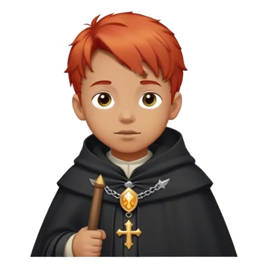boy red hair in pilgrim medieval cloak without hat and pilgrim badge sticker
