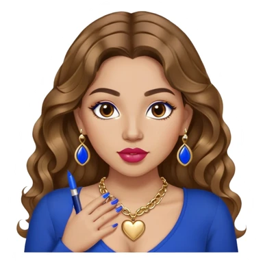 Light skinned girl, long wavy brown hair center-part with face framing pieces, big hazel eyes, gold heart necklace and earrings, royal blue long sleeve top, prominent blush, sassy, big lips, fancy long acrylic nails done, holding lipstick. She is curvy sticker