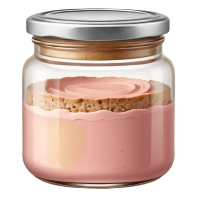 small glass jar filled with coarse beige to light pink pâté, smooth slightly uneven surface, metal lid, visible layers of texture through transparent glass, fine fat cap on top, no label, no garnish, no bread, sealed jar, soft lighting, subtle shadows, emoji scale sticker