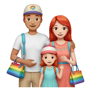 A happy family of four - father in white t-shirt and cap, mother with red hair in coral dress, young daughter in matching dress with rainbow handbag, teenage son in light embroidered shirt, all smiling together sticker