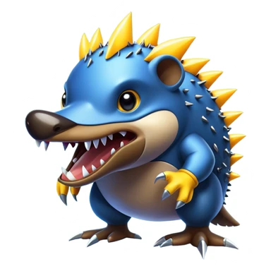 a fantastical dangerous and spooky electric platypus merged with a hedgehog with sharp teeth, metal electric spikes, and strong fangs, electricity and lightning coming, menacing look, yellow and blue lightning bolts sticker