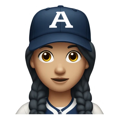 A  white girl with black long hair and wearing navy ballcap emblazoned with a red G initial and wearing baseball uniform sticker